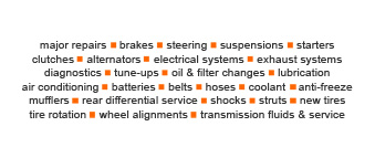 List of Services: major repairs, brakes, steering, suspensions, starters, clutches, alternators, electrical systems, exhaust systems, diagnostics, tune-ups, oil changes, filter changes, lubrication, air conditioning, batteries, belts, hoses, coolant, anti-freeze, mufflers, rear differential service, shocks, struts, new tires, tire rotation, wheel alignments, transmission fluids and service